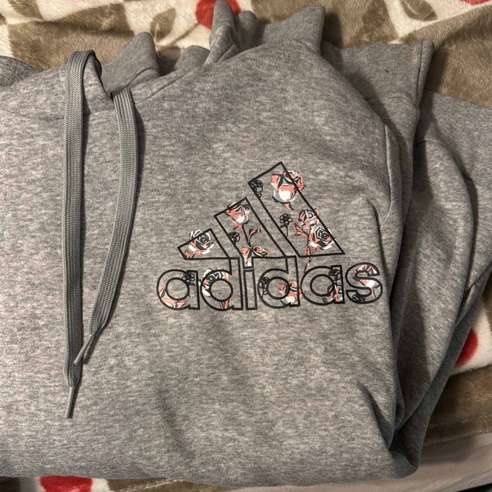 Adidas Heather Gray Hoodie with Floral Logo